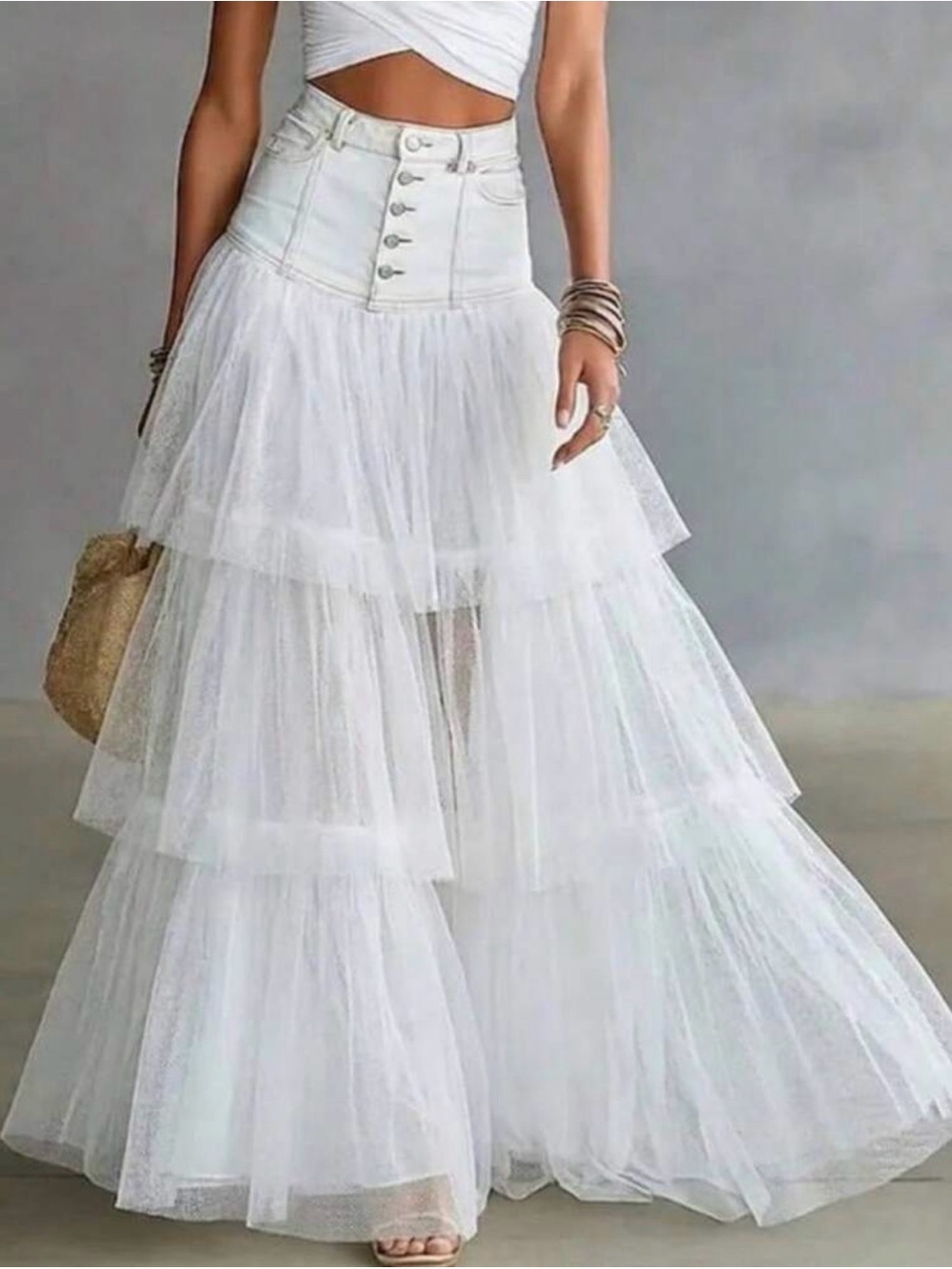 White Tiered Tulle Maxi Skirt - Elegant Boho Style
